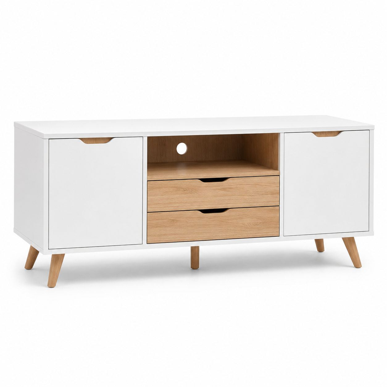 Meuble TV scandinave blanc et chêne 150x40x52 cm