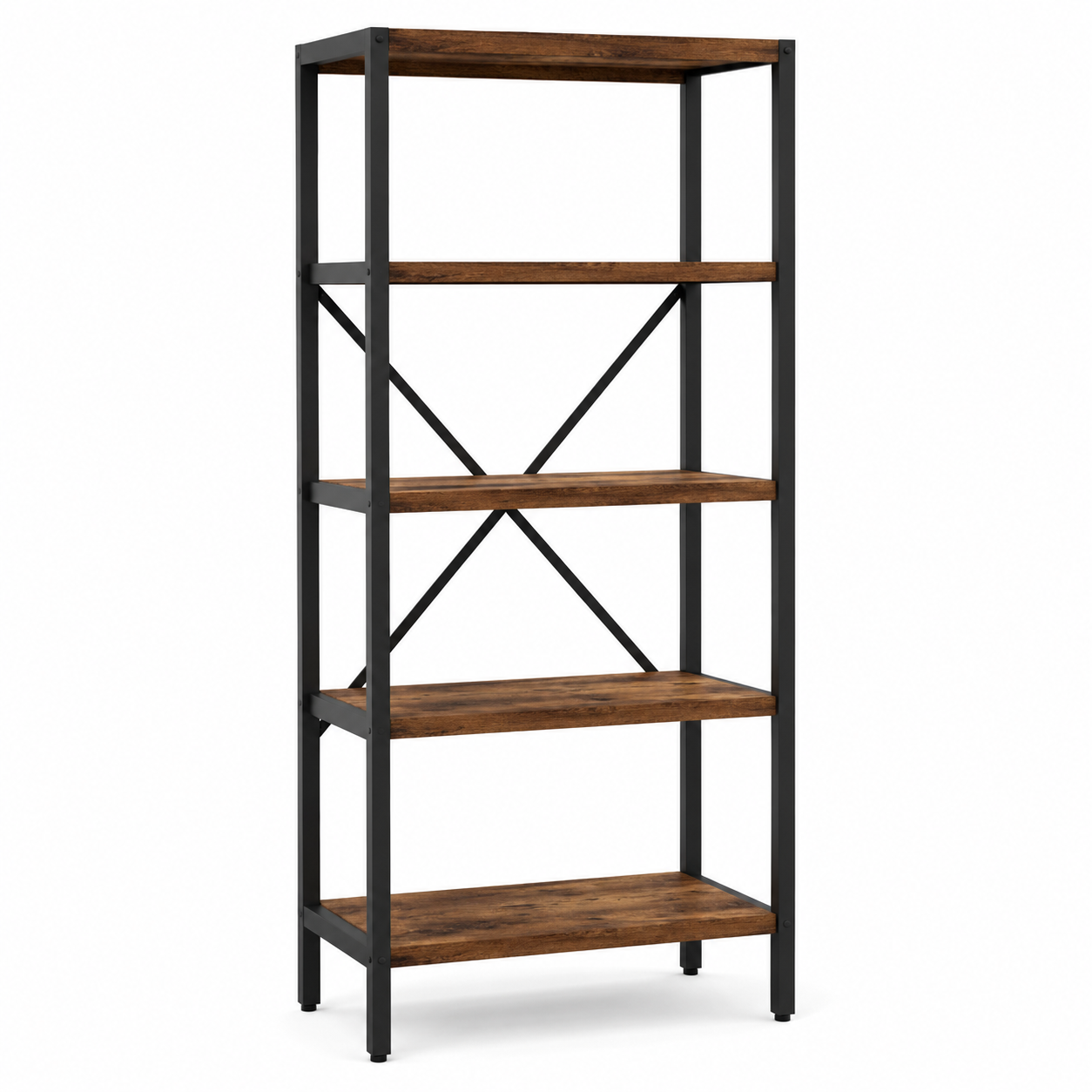 Bibliothèque industrielle métal noir bois brun 90x30x180 cm